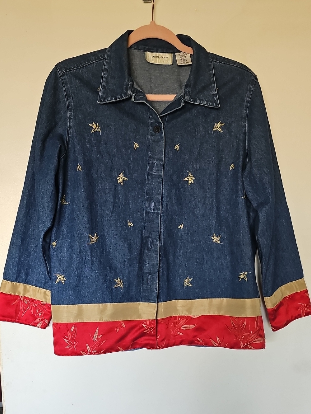 Embroidered Denim Shirt Jacket with Red Satin Trim By Lemon Grass. Size M.